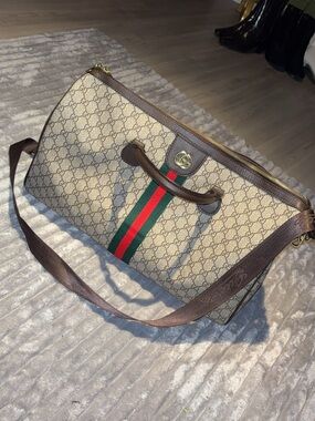 Gucci Beige GG Canvas Duffle with Green and Red Web Stripe